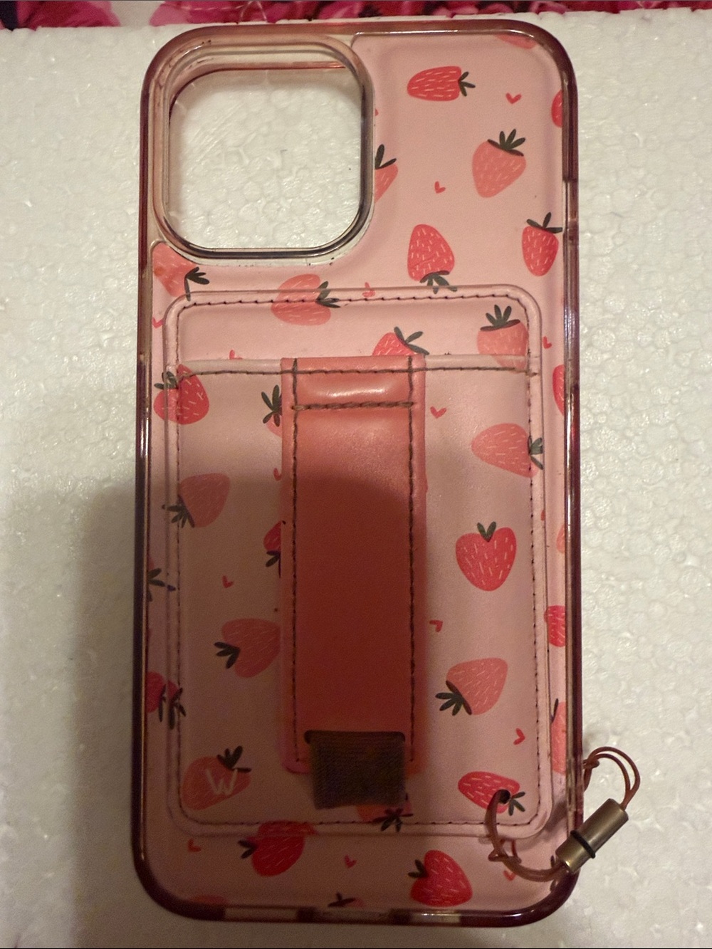Pink Strawberry Pattern Phone Case with Card Holder and Strap